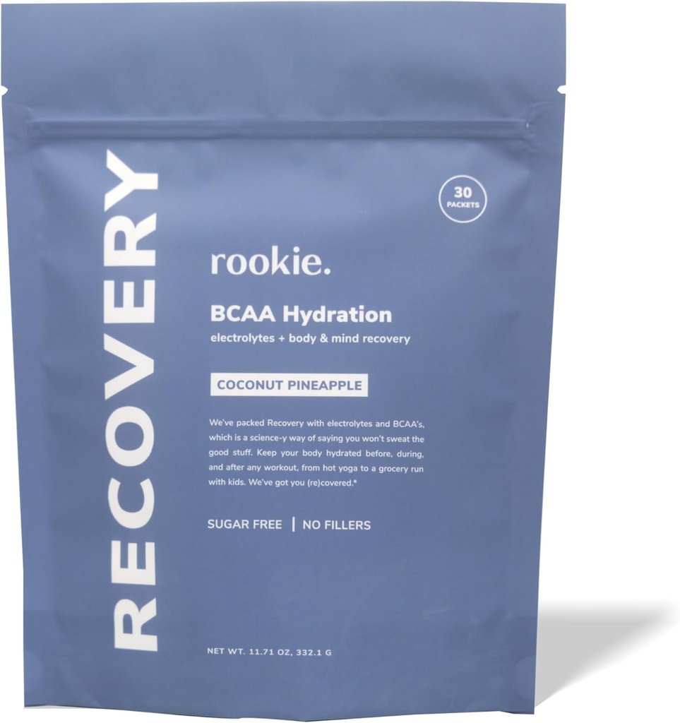 Rookie Wellness Recovery BCAA - Electrolyte and BCAA Powder z 5 g rozgałęzionych aminokwasów łańcuchowych do odzysku mięśni, elektrolitów do hydrolizy, & Tylko 10 kalorii (30 Sług, Ananas kokosowy)