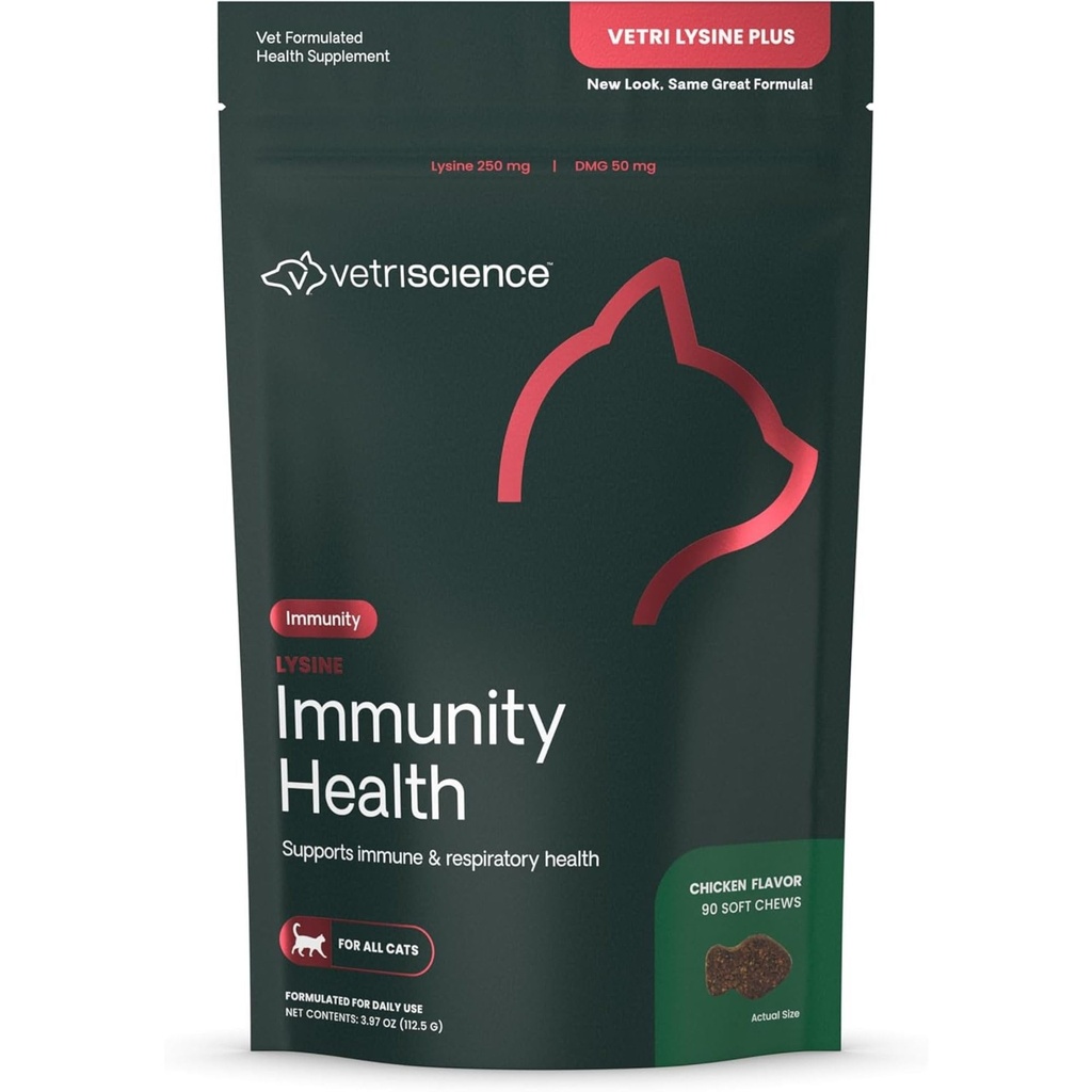 VetriScience Lysine Immunitet Zdrowie Żaby, 250 mg Lysine Plus Suplement immunologiczny dla kotów i kociaków z alergii, Kichanie, Nękanie, Nose i Watery Eyes, Kurczak, 90 Hrabia