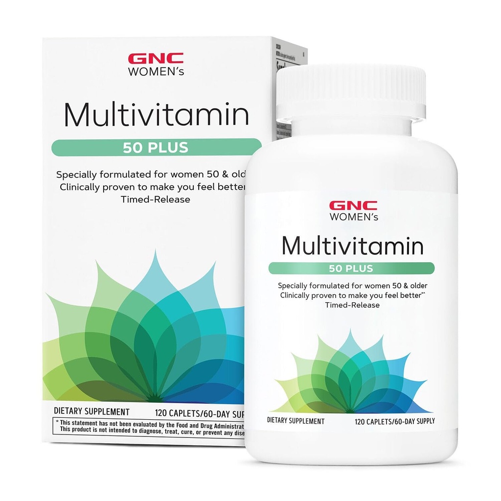 GNC Kobiety 50 Plus Kapsułki multiwitaminowe, Klinicznie udowodnione czuć się lepiej, Witamina D-3, Immune, Silne kości, Pamięć, Psychiczna ostrość, Wizja, Biotin, Timed Release, 120 ct, 60 svgs