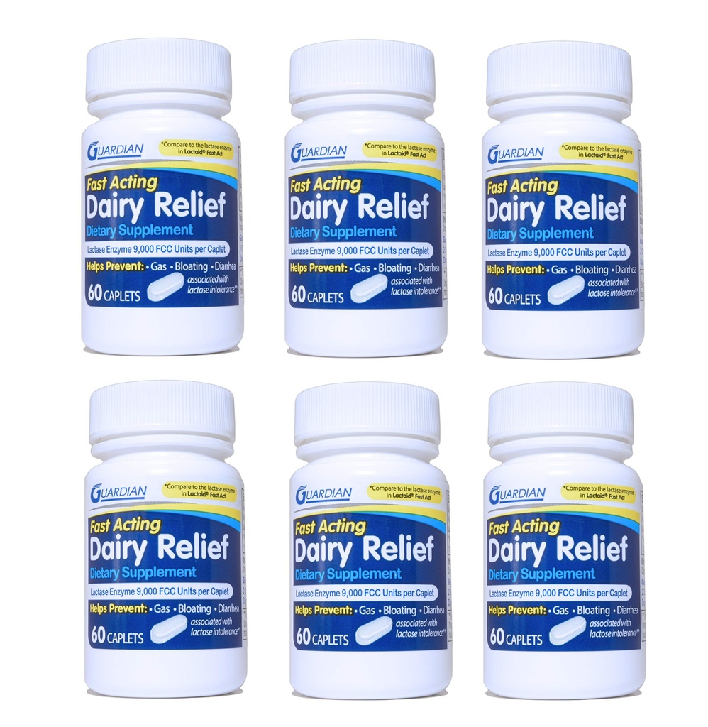 Guardian Dairy Relief Fast Acting Cappets, 9000 FCC, Laktoza Nietolerancyjne tabletki, Lactase Enzyme (360CT (Butelki))