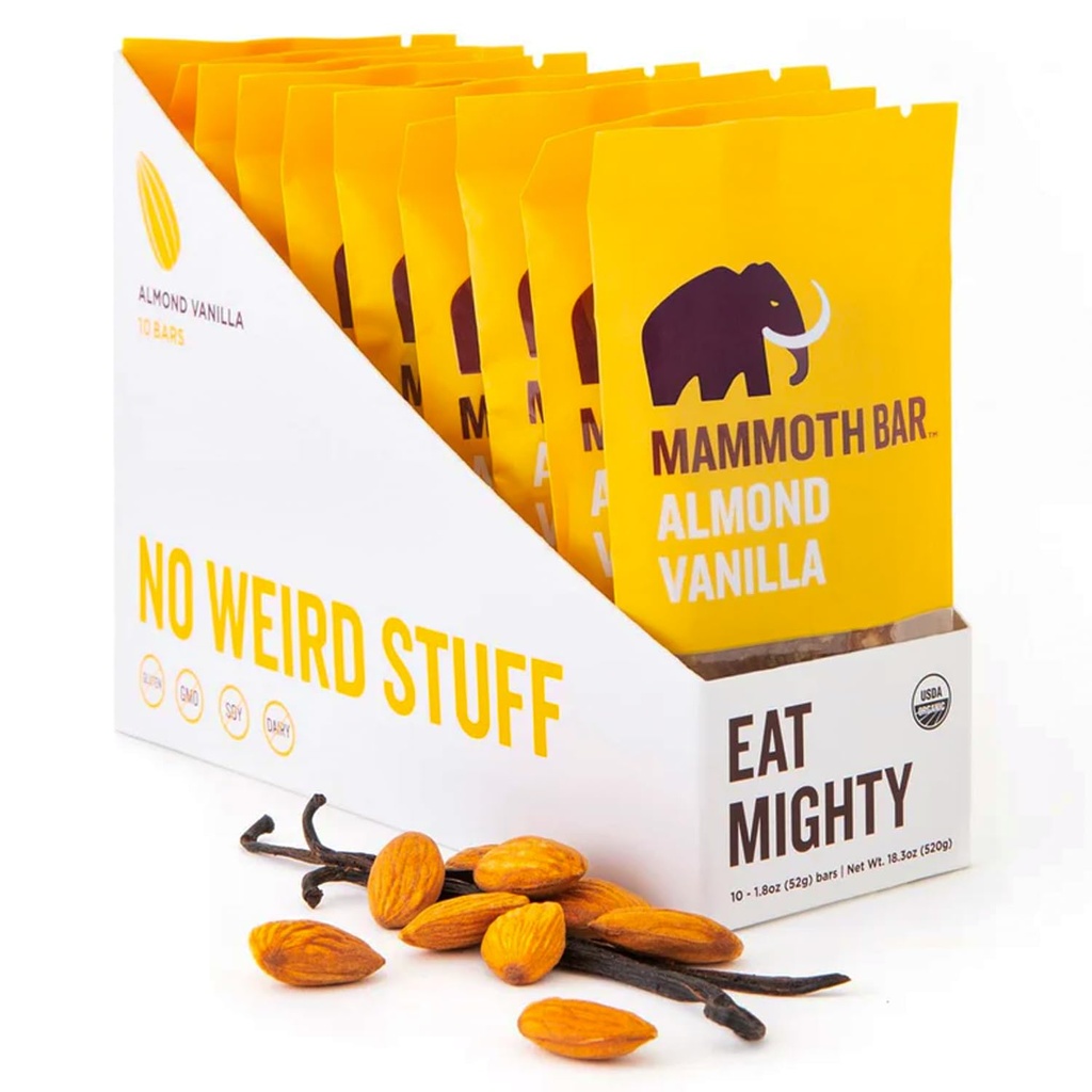 Mammoth Bar Almond Vanilla Bar - 10 Barów protein organicznych - Prebiotyk • Paleo • Gluten Free • Białko jaj • GMO Free • Raw • Premium Nuts