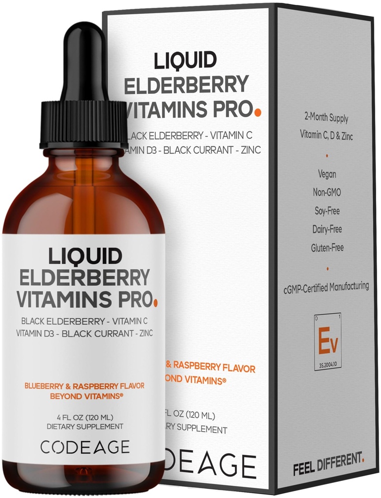 Codeage Elderberry Vitamins Pro - Organic Black Elderberry Liquid Drops - Witamina C, D3, Cynk, Czarna Porzeczka - 2- Miesiąc dostaw - Czarny Sambucus Liquid - Suplement dla dorosłych i dzieci - 4 fl oz