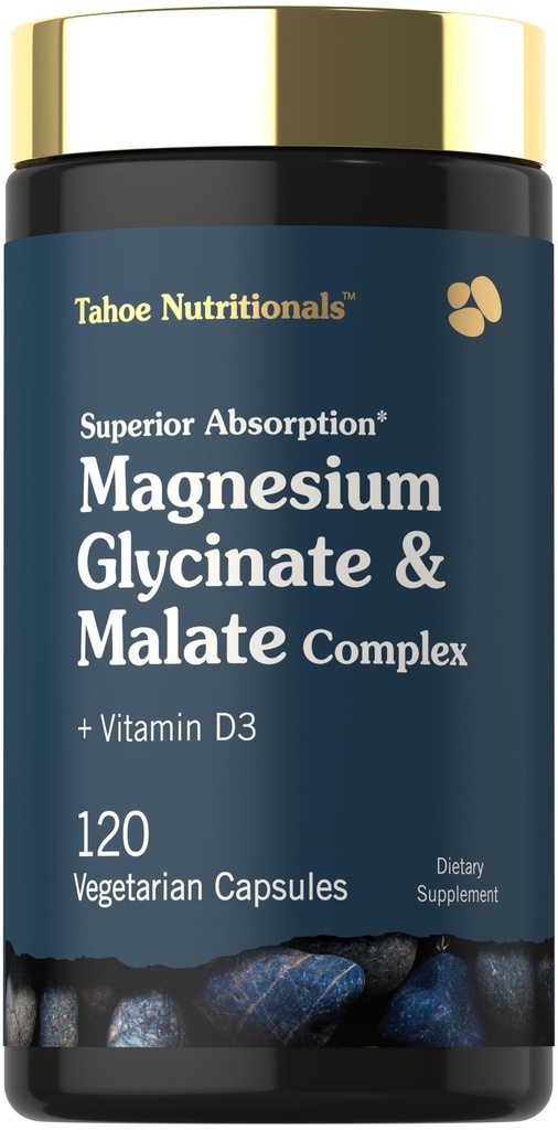Tahoe Nutritionals Magnezu Glycinate and Malate Complex 124; z witaminą D3 XI124; 120 Kapsułek XI124; Superior Absorption XI124; Non-GMO and gluten Free Formula