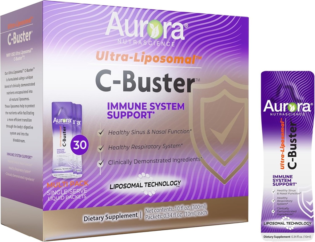 Aurora Nutrascience Ultra Liposomal C- Buster System immunologiczny Wsparcie, Witamina C, Witamina D, Cynk, Elderberry, Pelargonium, Witamina K & Ginseng, 30 Pakiety, 10 ML