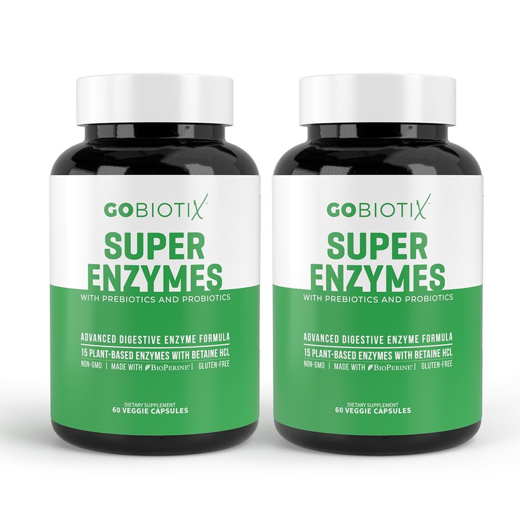 GOBIOTIX Digestive Enzymy Suplement z Prebiotykami i Probiotykami dla Kobiet i Mężczyzn - Gut Health, Gluten Trawienie, Wchłanianie laktozy, Tabletki dietetyczne na bazie roślin - 120 Kapsułki