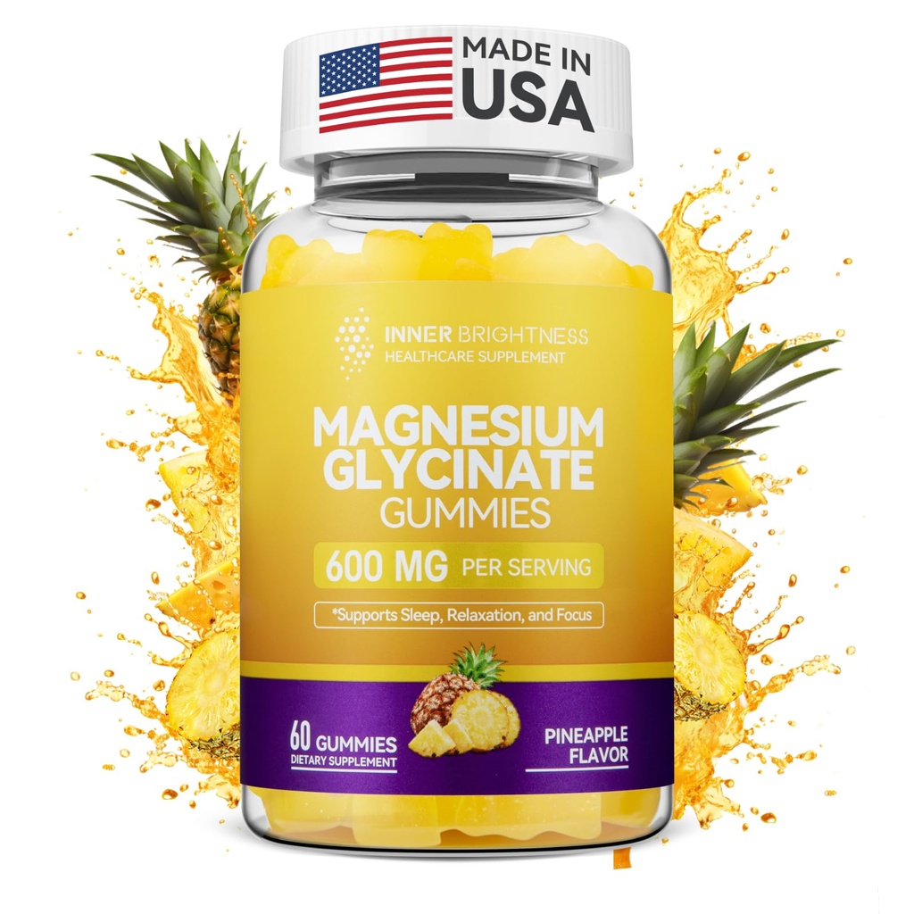 Glucynian magnezu Gummies 600mg, Non-GMO, Gluten- Free, Gummies magnezu dla dorosłych i dzieci, Sen, Relaxation & Focus, Flavor ananasowy, 60 Count