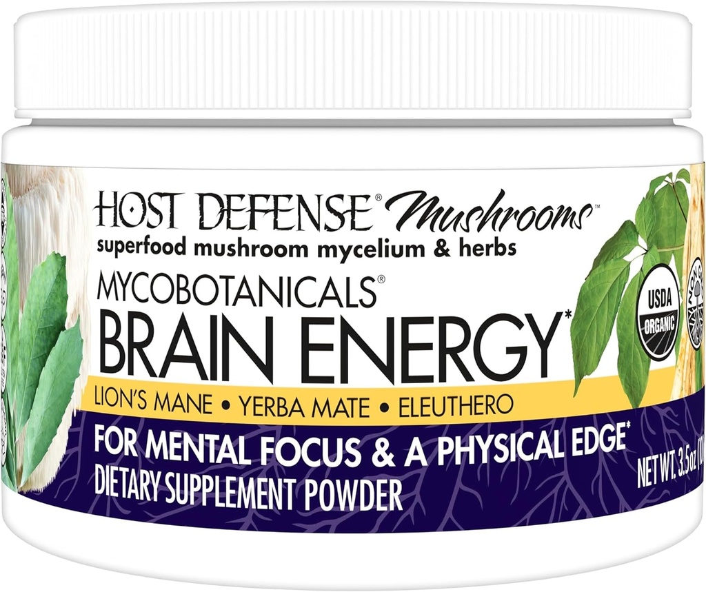 Host Defense Mycobotanicals Brain Energy * Proszek - Suplement do wsparcia mózgu i ostrości z Mushroom Mane Lwa - Suplement diety z Yerba Mate dla wsparcia energetycznego - 3.5 oz (33 Służenia) *