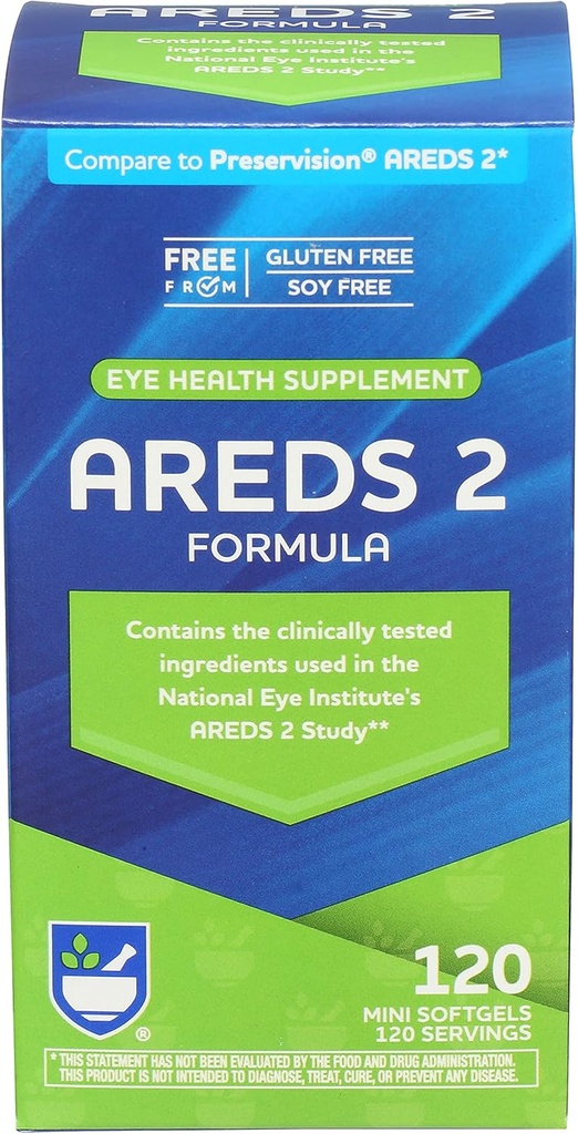 Rite Aid AREDS 2 Softgels - 120 Hrabia, Macular Support for Eye and Vision Health, Zawiera luteina, Witamina C, Zeaksantyna, Cynk & Witamina E, Gluten Free i Soy Free
