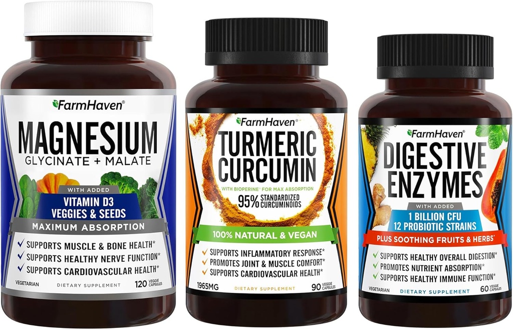 FarmHaven Magnezu Glycinate & Malate Complex w / Witamina D3 & Kurkumina turmerowa z BioPerine Black Pepper & Digestive Enzymes z 18 Probiotyki & Zioła