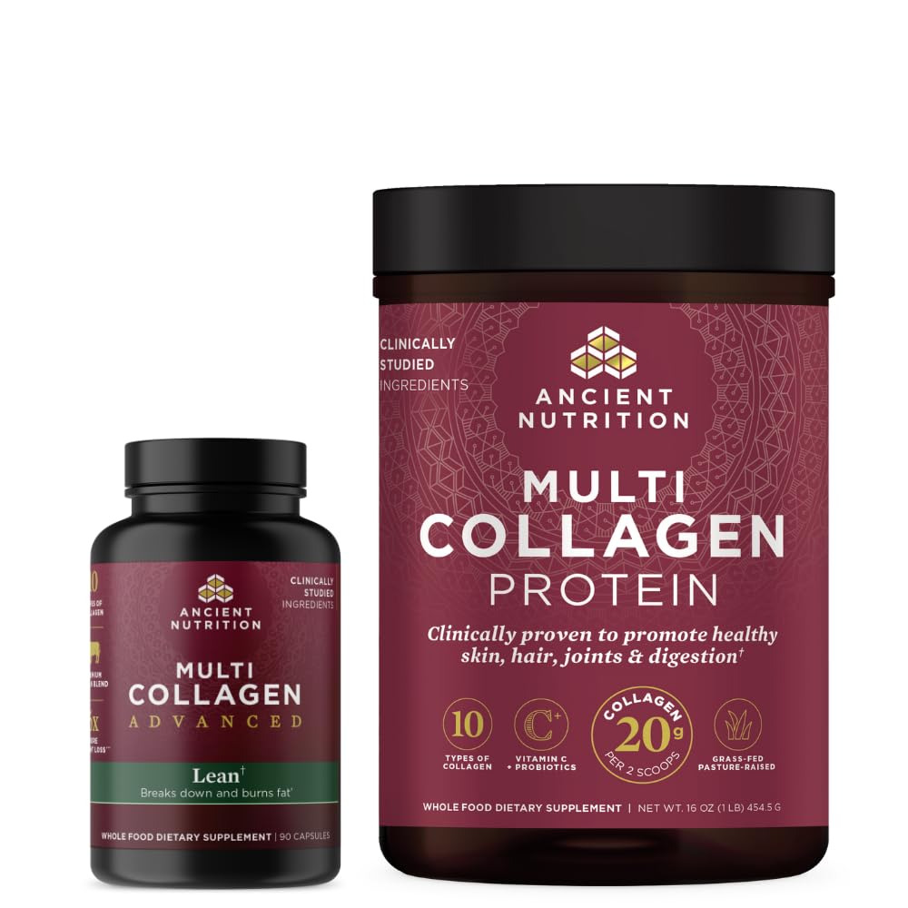 Ancient Nutrition Multi Collagen Zaawansowane kapsułki, Lean, 90 Count + Multi Collagen Protein Powder, Unflavored, 45 Służenia