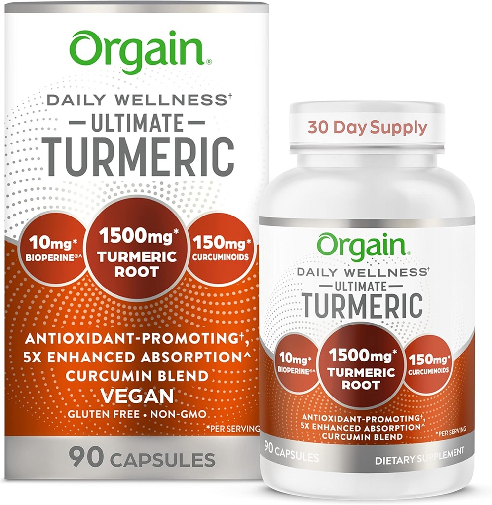 Orgain Ultimate Turmeric Supplement 1500mg, Kurkumina i Bioperine Black Pepper Extract Herbal Blend, Wspomaga przeciwutleniacz i Heart Health - 90 Kapsułki, 1 Miesiąc Dostawy