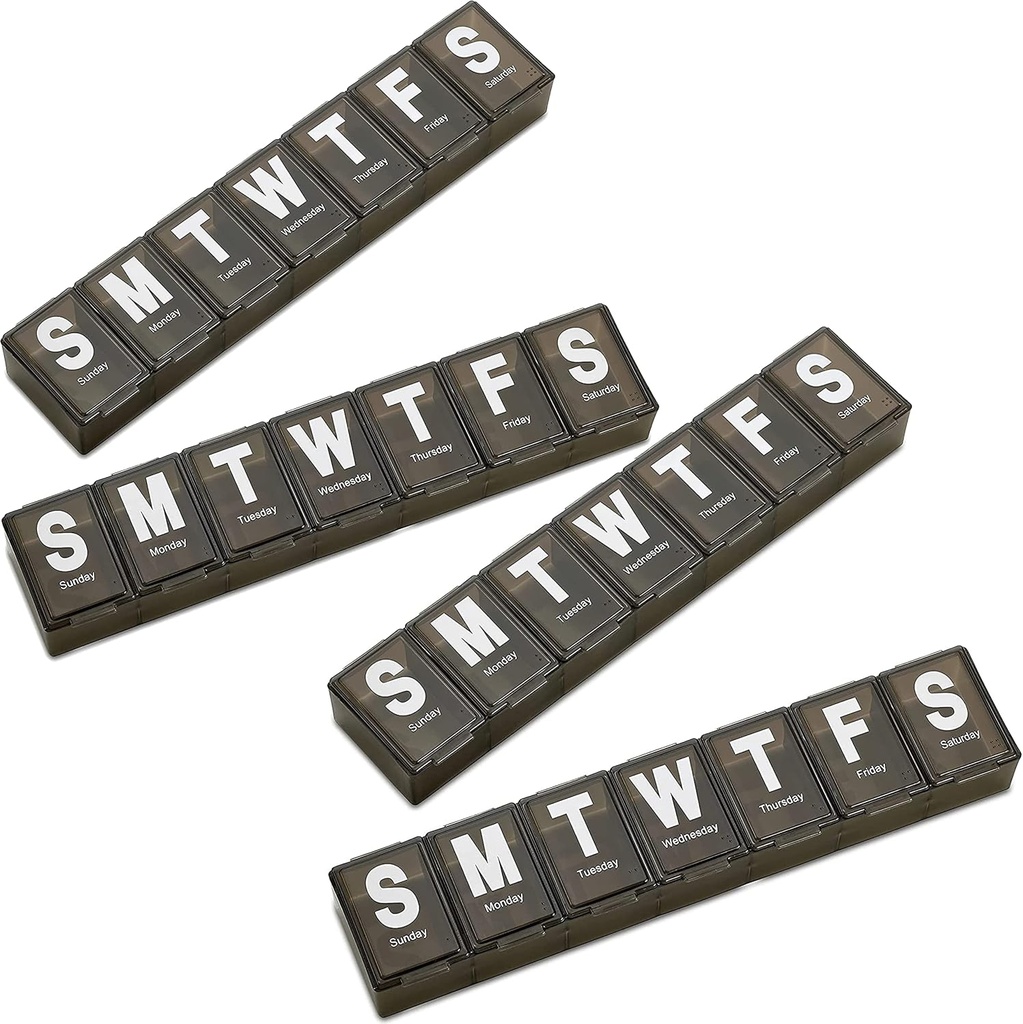 Cotygodniowy Pill Organizator - (Pack of 4) Bardzo duży pojemnik witaminy z Jumbo Łatwy do czytania listów, BPA Free - Daily Travel 7 Day Medication Pill Case, (Czarny)