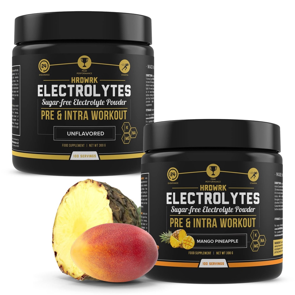 HRDWRK - 100 Służenia Keto Electrolytes Proszek Hydration Sugar Free - Electrolyte Proszek do zwiększenia wytrzymałości i zmniejszenia zmęczenia z suplementem Electrolytes - zestaw ananasów bez smaku i mango