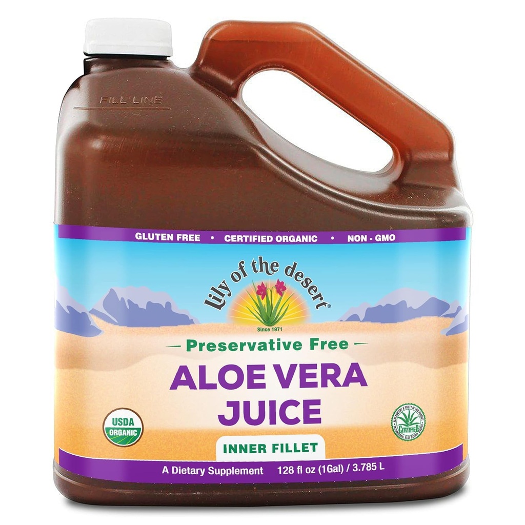 Lily of the Desert Aloe Vera Juice - Organiczny, Preservative-Free Wewnętrzny Filet Aloe Vera Drink z naturalnych enzymów trawiennych dla Gut Health, Tomach Relief, Wellness, Glowing Skin, 128 Fl Oz