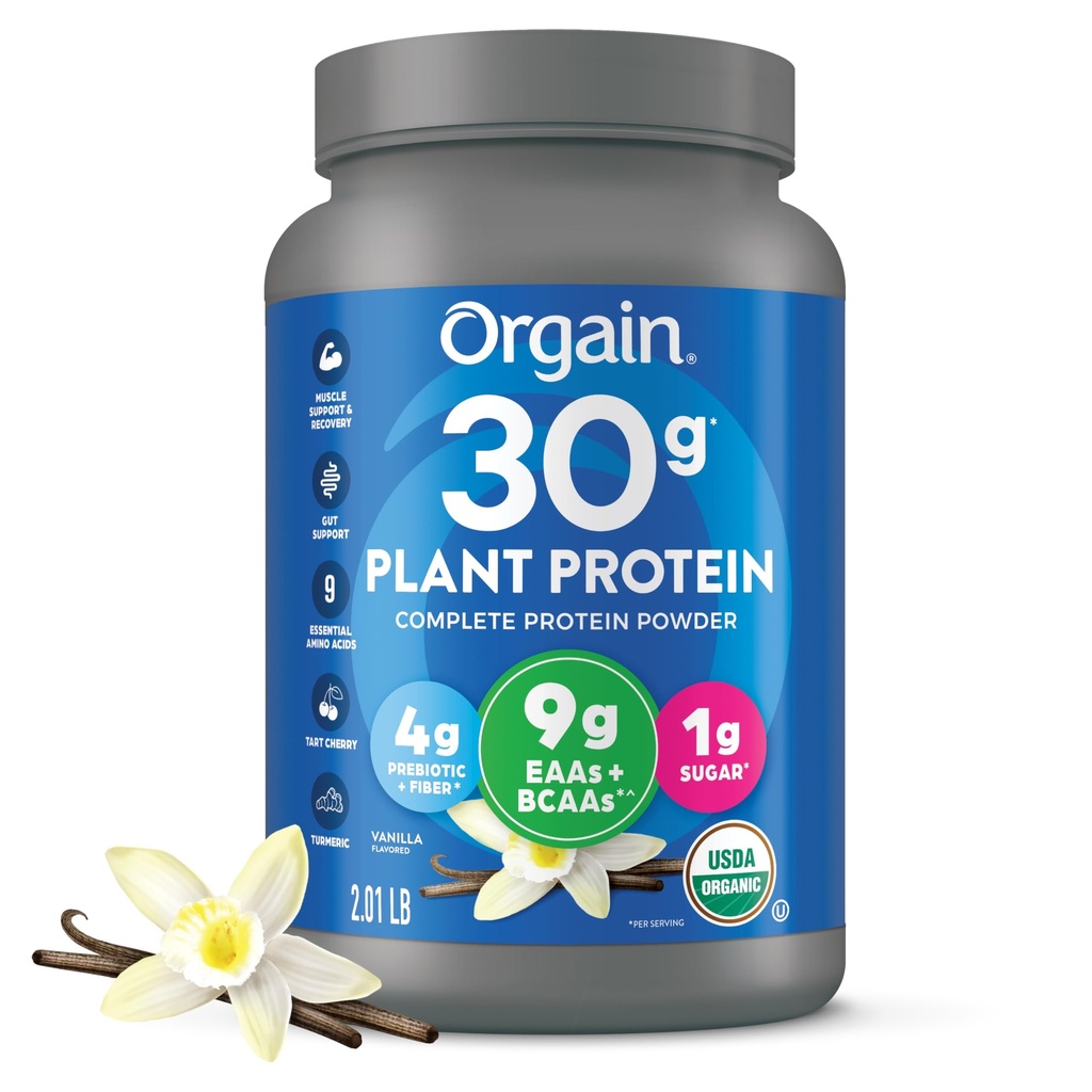 Orgain Organic 30g Vegan Plant Protein Powder, Vanilla, 9g EAA + BCAA, High Plant Protein, 4g Prebiotic + Fiber, 1g Sugar, Pre- Workout, Support Muscle + Recovery - 2.01lb (Packaging May Vary)