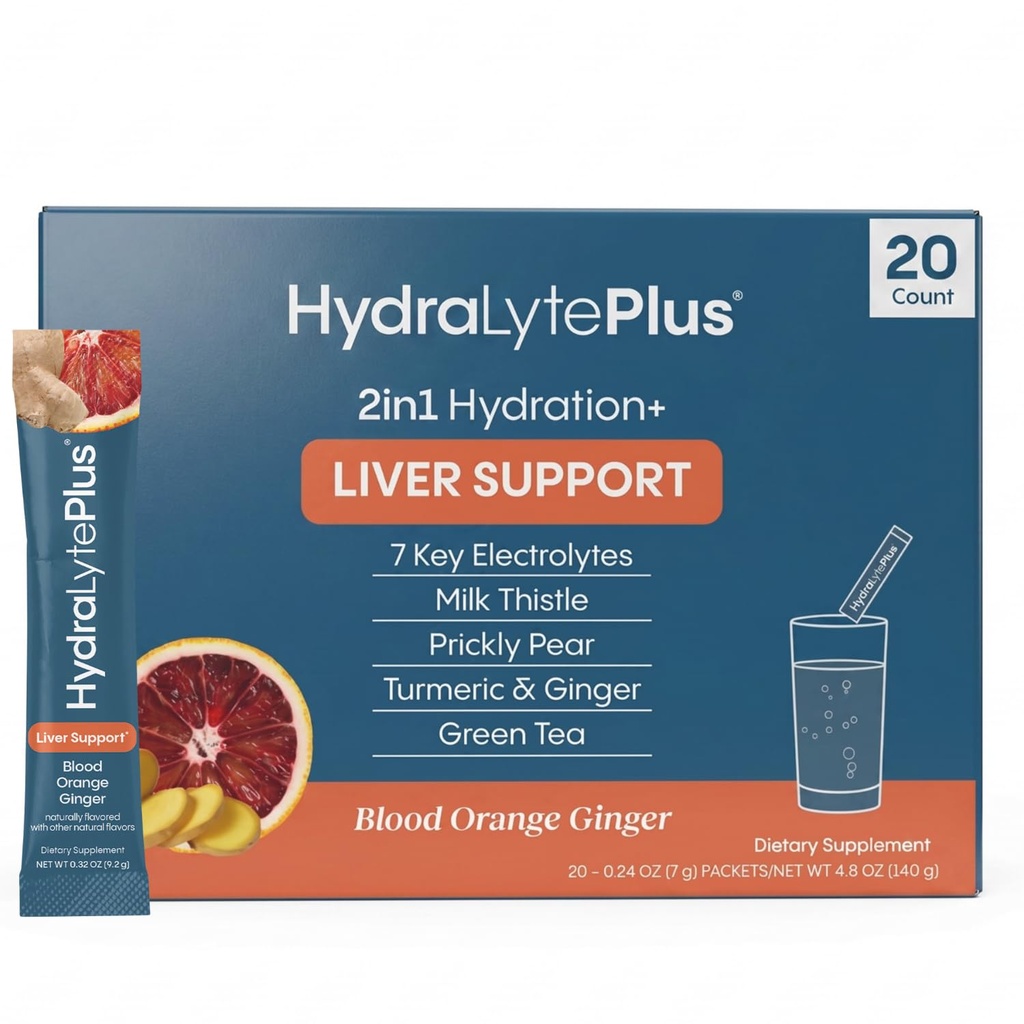 Hydralyte Liver Support + Electrolyte Mix with Milk Thistle, Turmeric, Ginger, Printer Pear, Green Tea Extract Preparted for Rapid Rehydration (Blood Orange Ginger, 20 Pakiety)