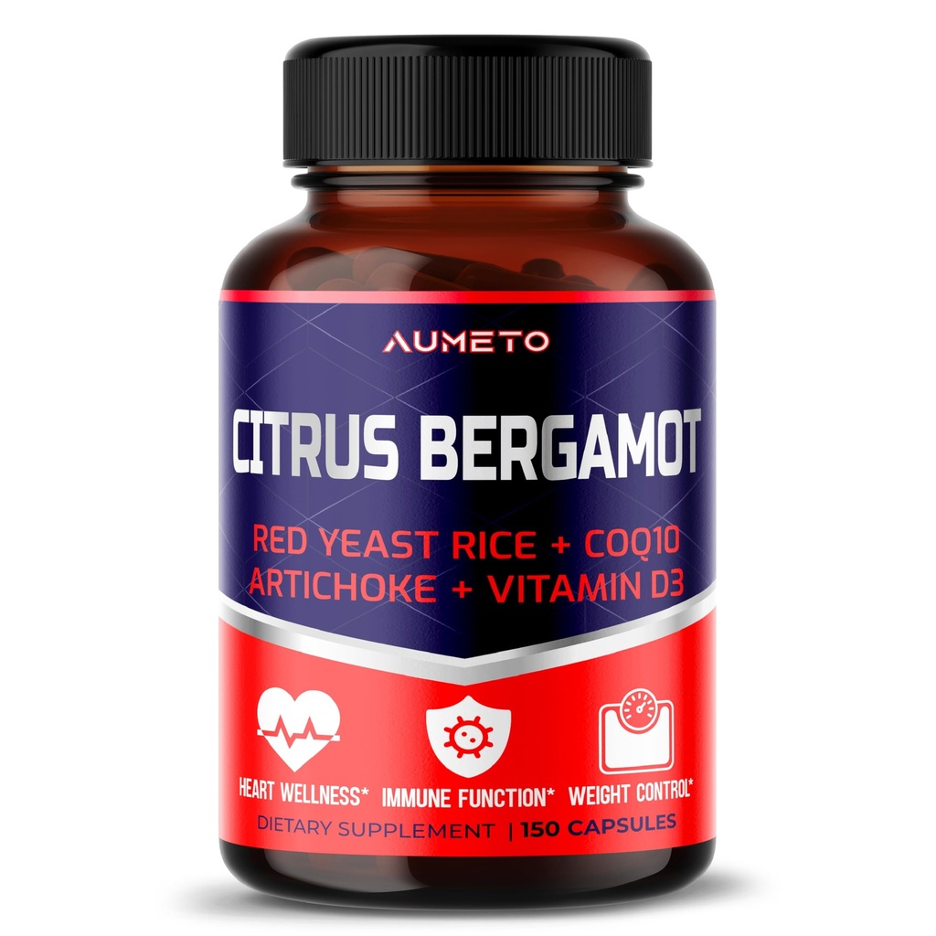Citrus Bergamot Suplement z Red Yeast Rice, CoQ10, Karczoch, Witamina D3 - Wsparcie ogólnego krążenia Wellness i układu immunologicznego (150 Liczba (Pack of 1))