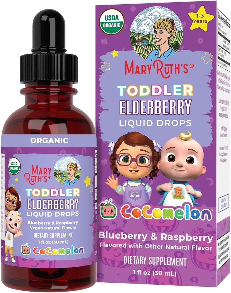 MaryRuth Organic Cocomelon Toddler Elderberry Syrop, USDA Organic Elderberry, Sugar Free Kids Immune Supplement for Ages 1-3 Years, Clean Label Project Verified ®, Vegan, Gluten Free, 1 Fl Oz