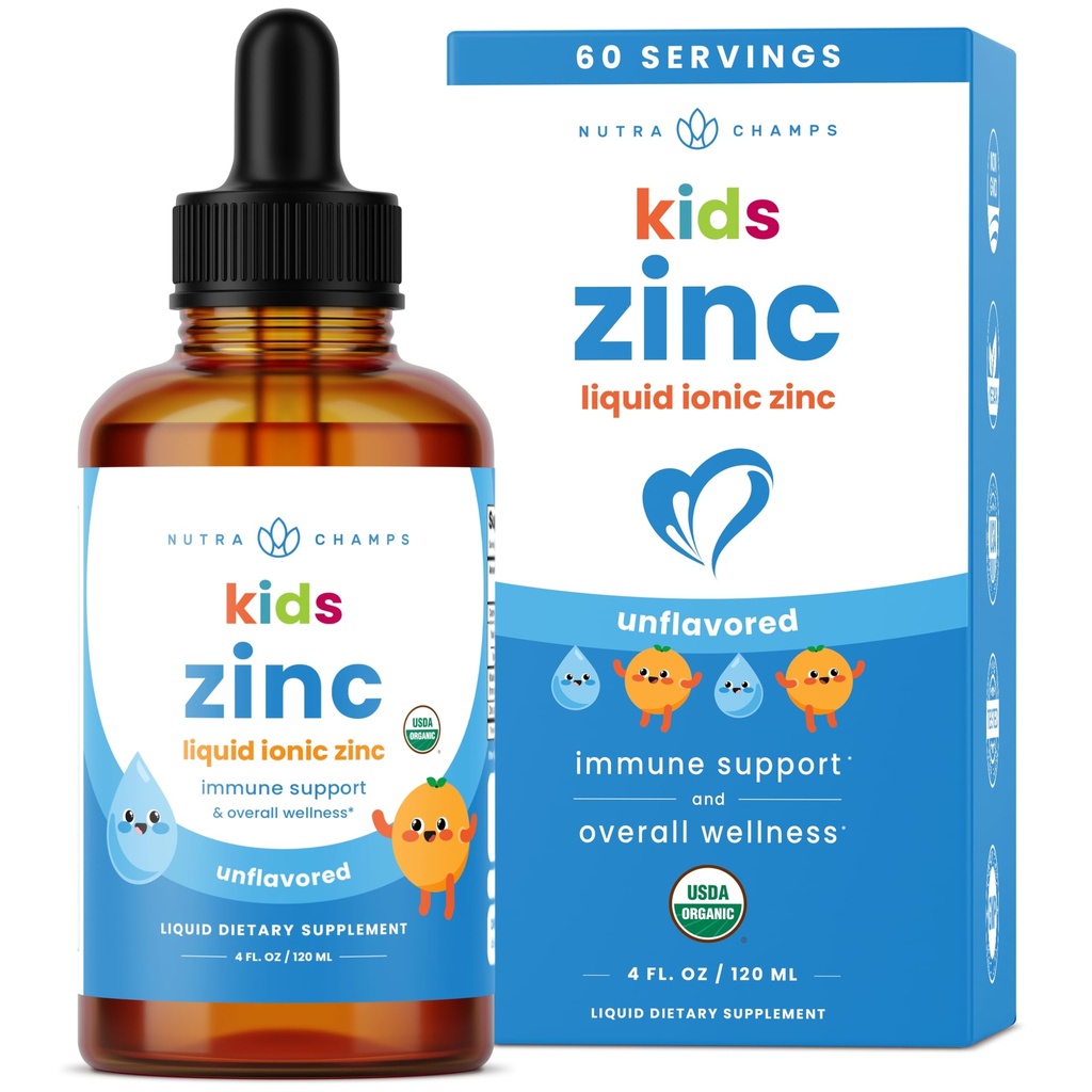 NutraChamps Liquid Cynk Drops dla dzieci, Jonowe Cynk Drops Enhanced Witaminy C dla dzieci, Sugarfree 4 oz, Wegan & Non-GMO, Tangerine, 60 Służenie, 2 Dostawa miesiąc