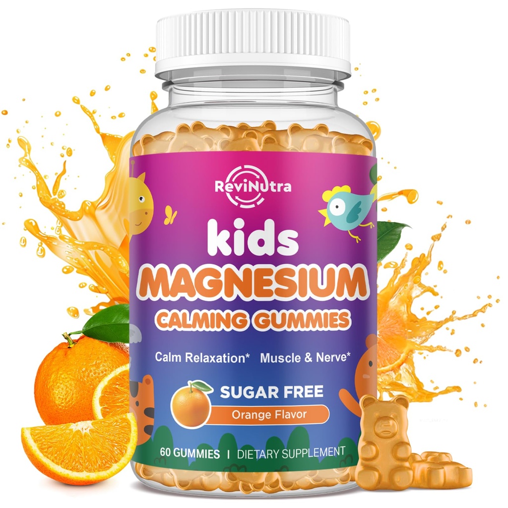 Gumie magnezowe dla dzieci - suplement Glycinate Magnezu do snu, mózgu, immunologicznego i kości - Gummies magnezowe dla dzieci i dorosłych - Wegan Sugar Free Orange 60ct