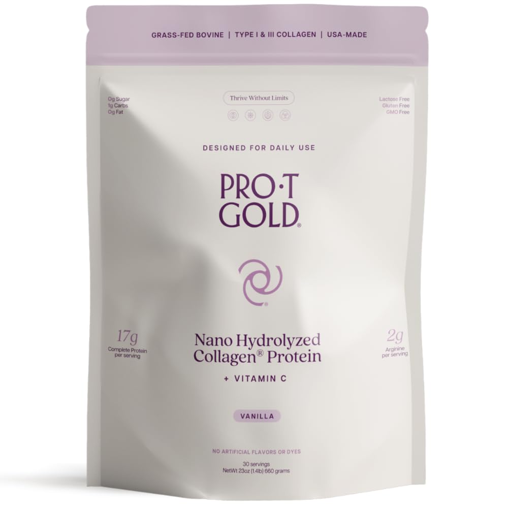 ProT Gold Collagen Protein Powder, 17g Protein Nano- Hydrolizowana trawa fed Collagen, Witamina C, 2 g Arginina na wsparcie rany, Gluten Free, Wszystkie naturalne, tłuszczu i cukru Free, 0g węglowodanów, Vanilla, 23 oz, 30