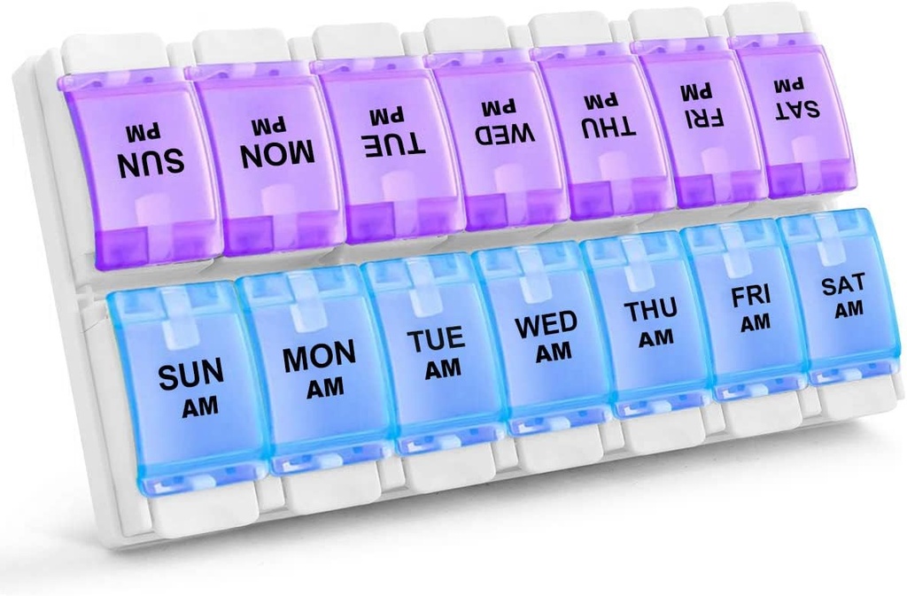 Sukuos AM PM Weekly 7 Day Pill Organizator, 2 razy dziennie Pill Box z artretyzmu Przyjazny przyciskiem, Lekarskie skrzynie na witaminy / olej rybny / suplementy, Łatwy do czyszczenia (fioletowy i niebieski)