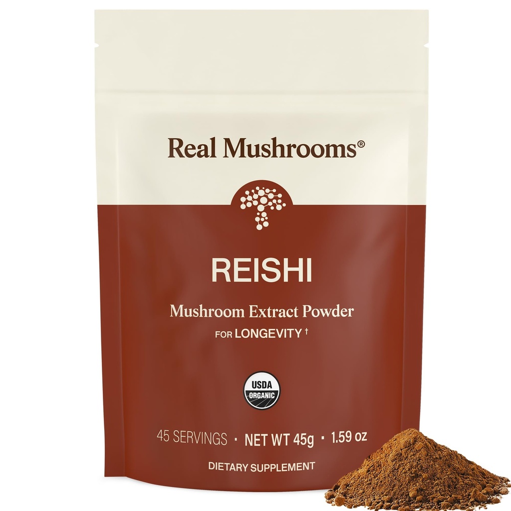 Real Mushrooms Reishi Mushroom Powder - ręcznie wybierane Organiczne Mushroom Extracts - Red Reishi dla Tranquil Daily Wellness ze zweryfikowaną Beta Glucans Vegan, Non-GMO, No Grain Fillers, 45 Służenie