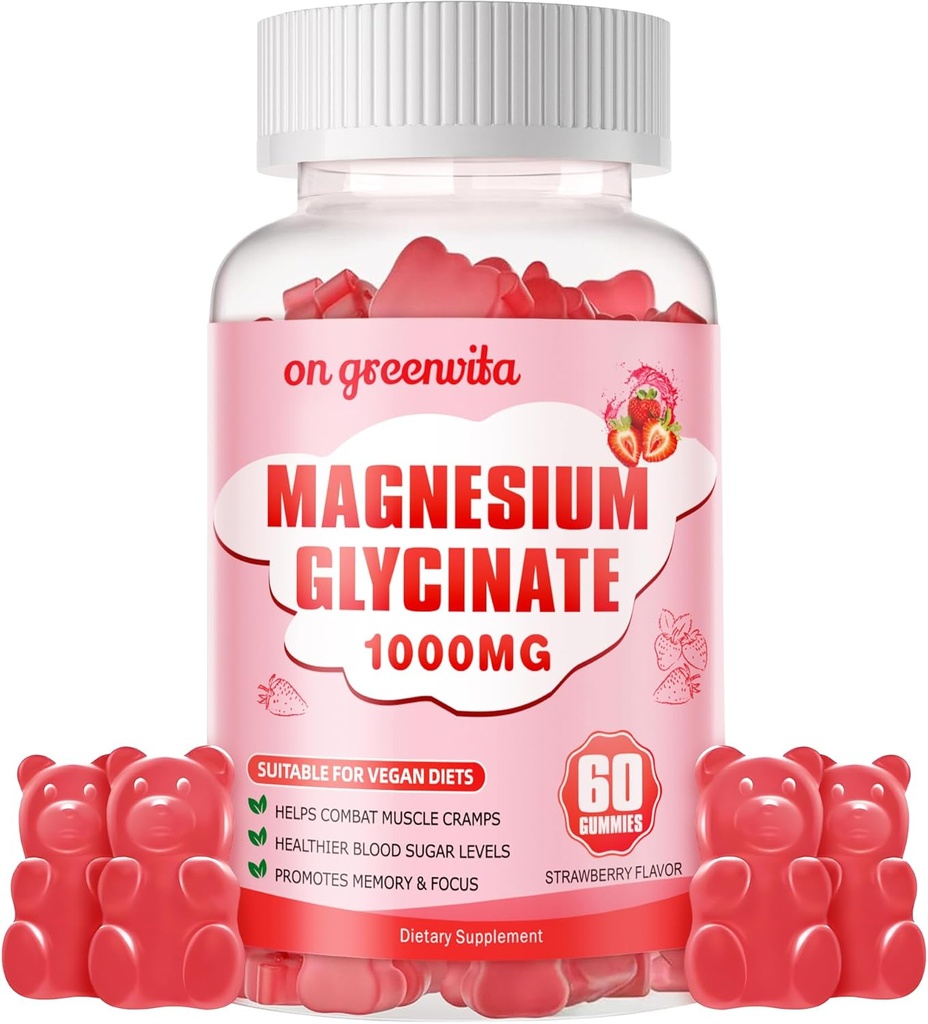 Glucynian magnezu Gummies 1000mg - Suplement potasu bez cukru Magnezu z witaminą D, B6, CoQ10 dla uspokojenia nastrojów i wsparcia snu - 60 gum truskawkowych
