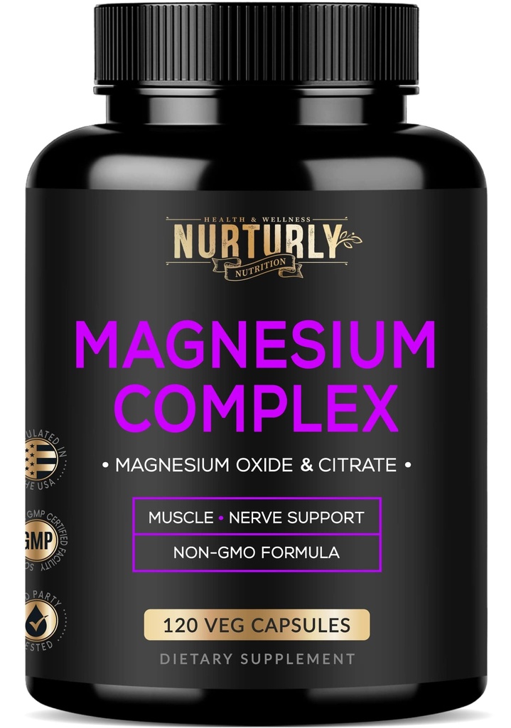 Magnezu Citrate & Oxide 500mg Complex Supplement - Wysoka absorpcja Maksymalna wytrzymałość - Pomaga wspierać gęstość i wytrzymałość kości, mięśnie, energia i sen - 120 Kapsułki wegańskie