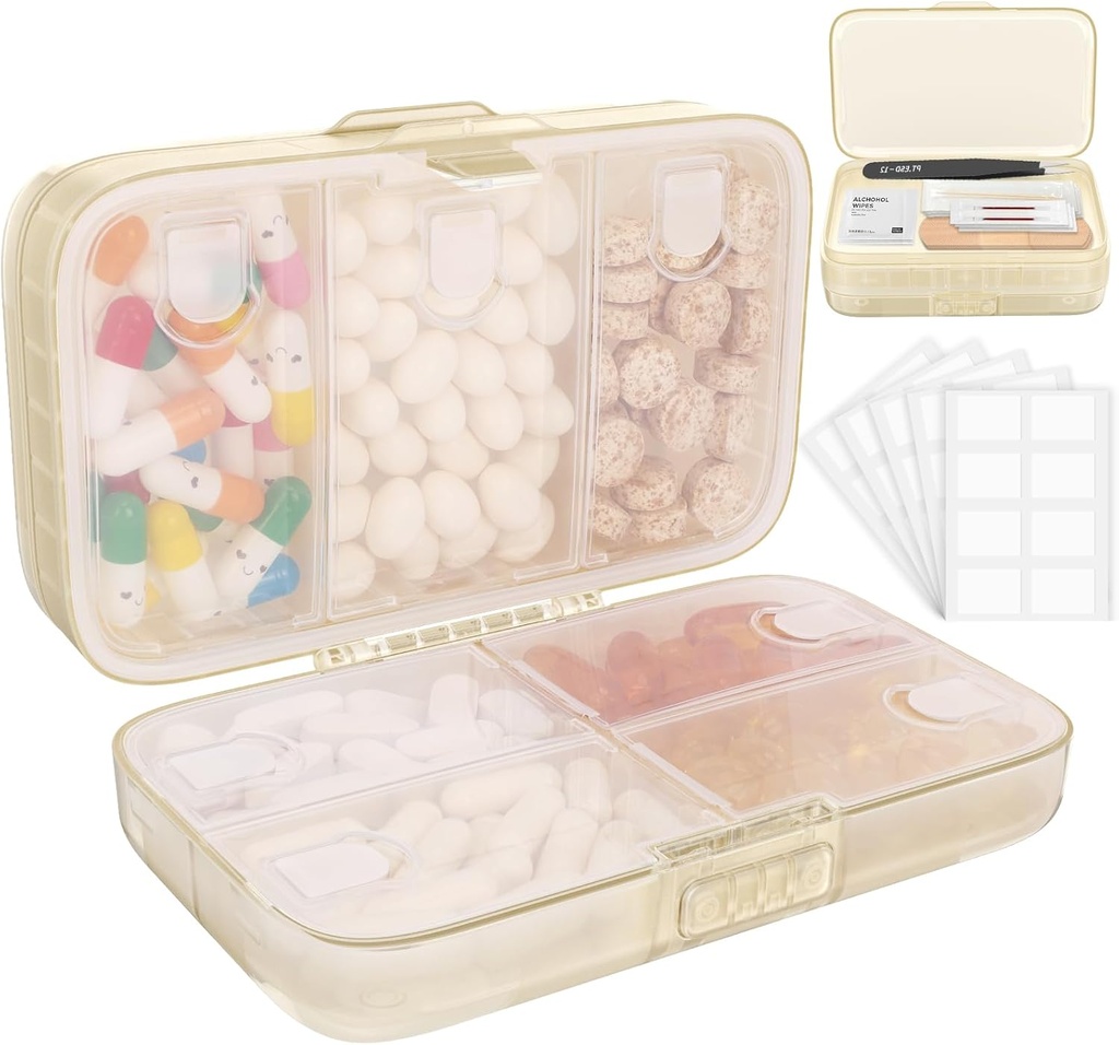 FYT Cotygodniowy Pill Organizator z etykiet, 8 Komory Travel Daily Pill Case Airtight Moistureproof Big Pill Box do przechowywania witamin, Olej rybny, Suplementy, Bawełna Swab i Bandages- Beige