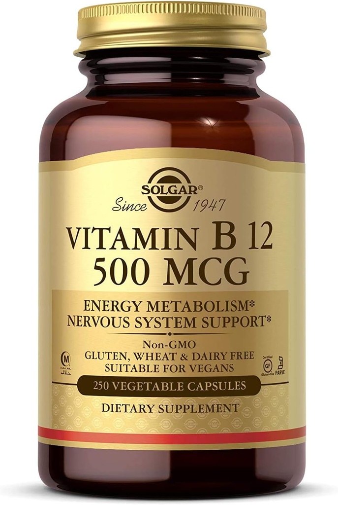 Solgar Witamina B12 500 µg, 250 Kapsułki wegetatywne - Energia Metabolizm - Wsparcie układu nerwowego - Promotes Heart Health - Non-GMO, Wegan, Gluten Free, mleczne, Kosher, Halal - 250 Sług