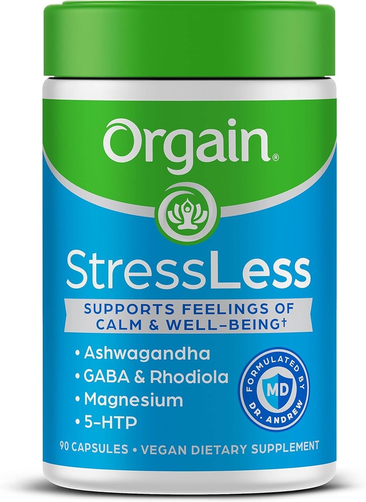 Orgain StressLess, Vegan Stress Relief Supplement - Mieszanka magnezu, balsam cytrynowy, GABA, 5 HTP, Rhodiola Rosea, Ashwagandha i Rumianek, Gluten Free, Doctor Perfected - 90 Count, 30 Day Supply