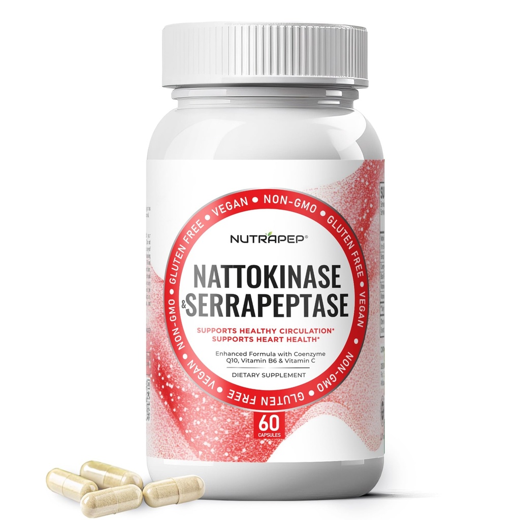 Nattokinaza 2000 FU Serrapeptaza 240000 SPU Suplement - Wzmocniony koenzymem CoQ10 Witamina B6 Witamina C Czarny pieprz Ekstrakt - Nattokinaza 400mg kapsułki dla mężczyzn Kobiety
