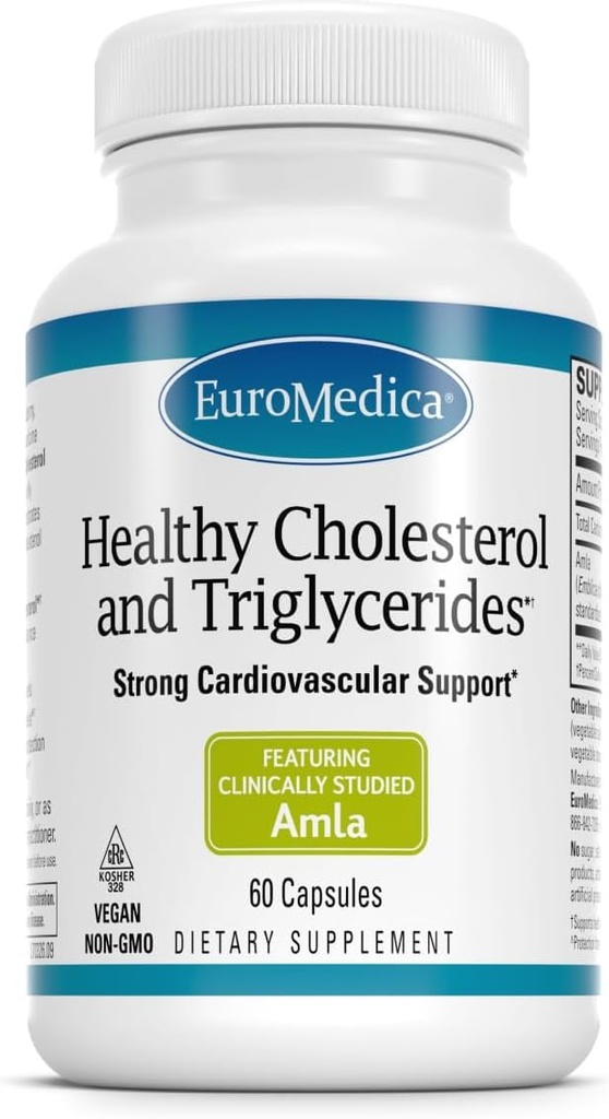Euromedica Zdrowy Cholesterol i Triglicerydy - 60 Kapsułki - Klinicznie badany Amla - Podtrzymuje Zdrowy poziom HDL i Triglicerydów - Non-GMO, Wegan, Kosher - 30 Służenie