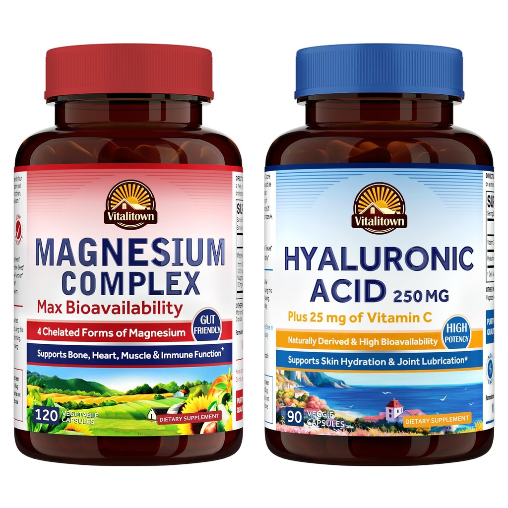 Magnezu + Hyaluronic Acid Bundle 124; Kompleksu magnezu (pozycja 1) & kwasu hialuronowego Plus witaminy C (pozycja 2) 124; 120 Kapsułek magnezu & 90 Kapsułek kwasu hialuronowego