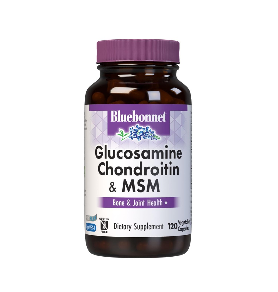 Bluebonnet Nutrition Glukozamina Chondroitin & MSM, Glukozamina, Bone & Joint Health *, Non- GMO, Gluten- Free, Soy- Free, Dairy- Free, 120 Kapsułki roślinne, 40 Służenie