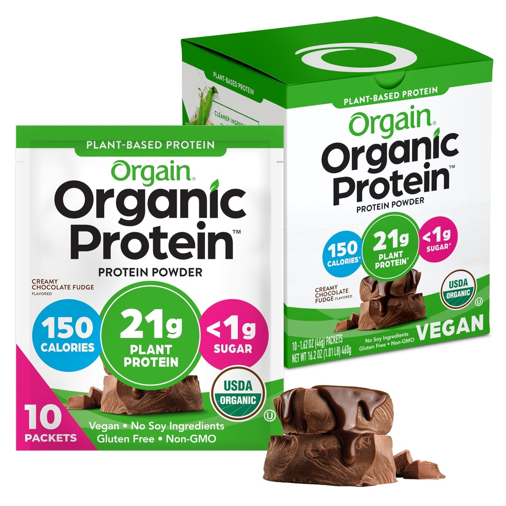 Orgain Organic Vegan Protein Powder, Kreaminowa Czekolada Fudge - 21g Białko roślin, 6g włókno prebiotyczne, Niskie węglowodory, Brak składników laktozy, Nie dodawany cukier, Nie-GMO, Dla shakes & Smoothies, 10 Pakiety podróży
