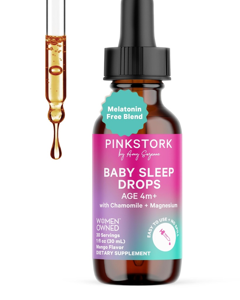 Pink Bocian Baby Sleep Drops, Naturalne wsparcie snu bez melatoniny dla niemowląt, Toddlers i dzieci, Pomoc Sen z rumianku i magnezu, Baby Essentials dla Bedtime, 1 oz, 30 Służenie