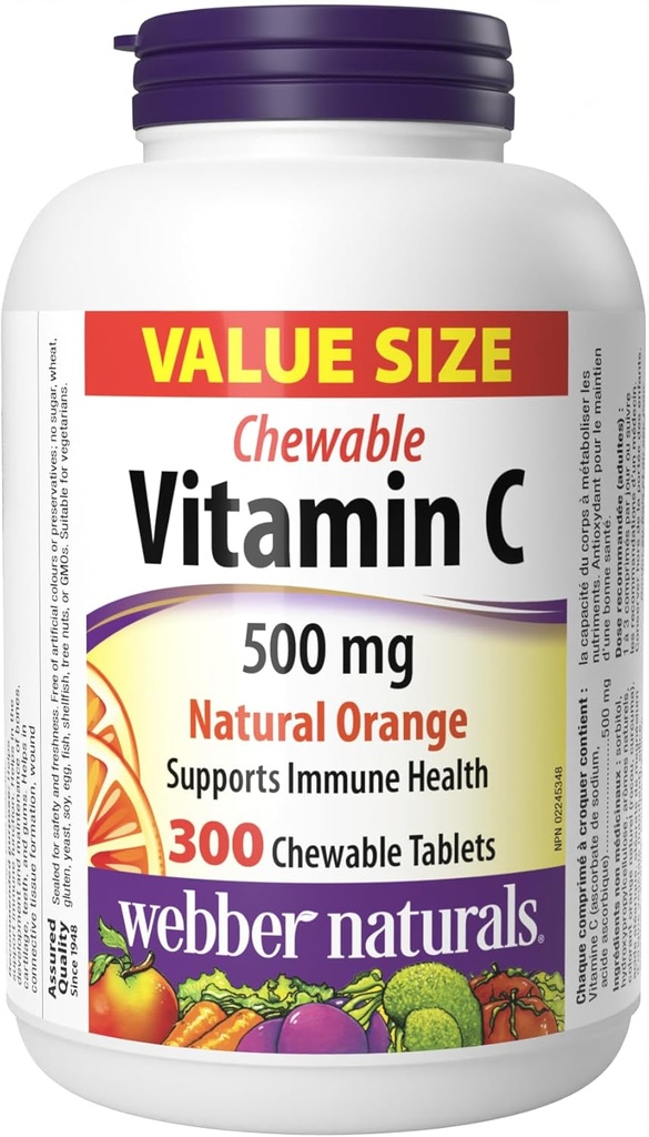Webber Naturals Witamina C, 300 Pomarańczowe tabletki do rozgryzania i żucia, 500 mg Witaminy C na tabletkę, kości, zębów, immunologiczne i przeciwutleniacze Wsparcie