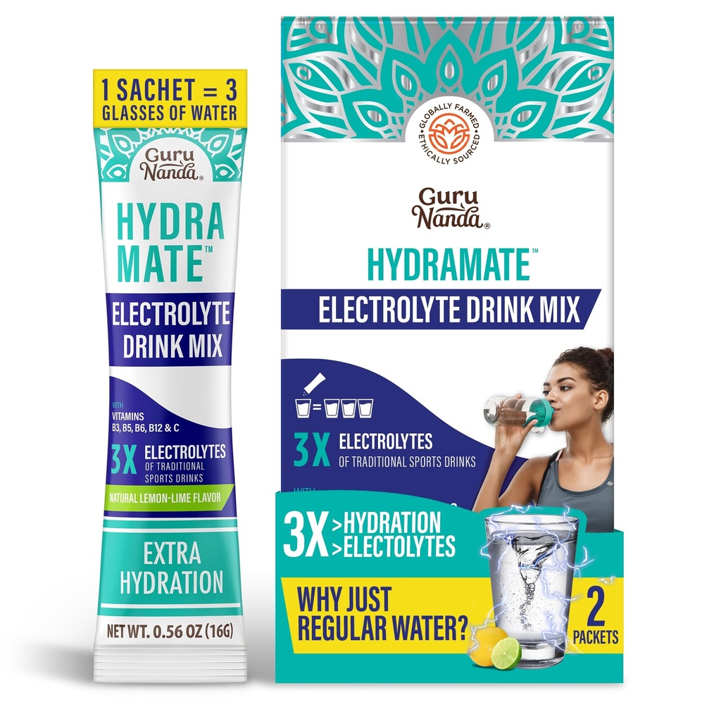 GuruNanda Hydramat Hydration Support Drink Mix - Elektrolity w proszku Pakiety do Odwodnienia, Ćwiczenia i Energia - Nie Dodano Sweeteners, Non-GMO, Natural Lemon Lime Flavor - 2 Count (0.56 oz Każdy)