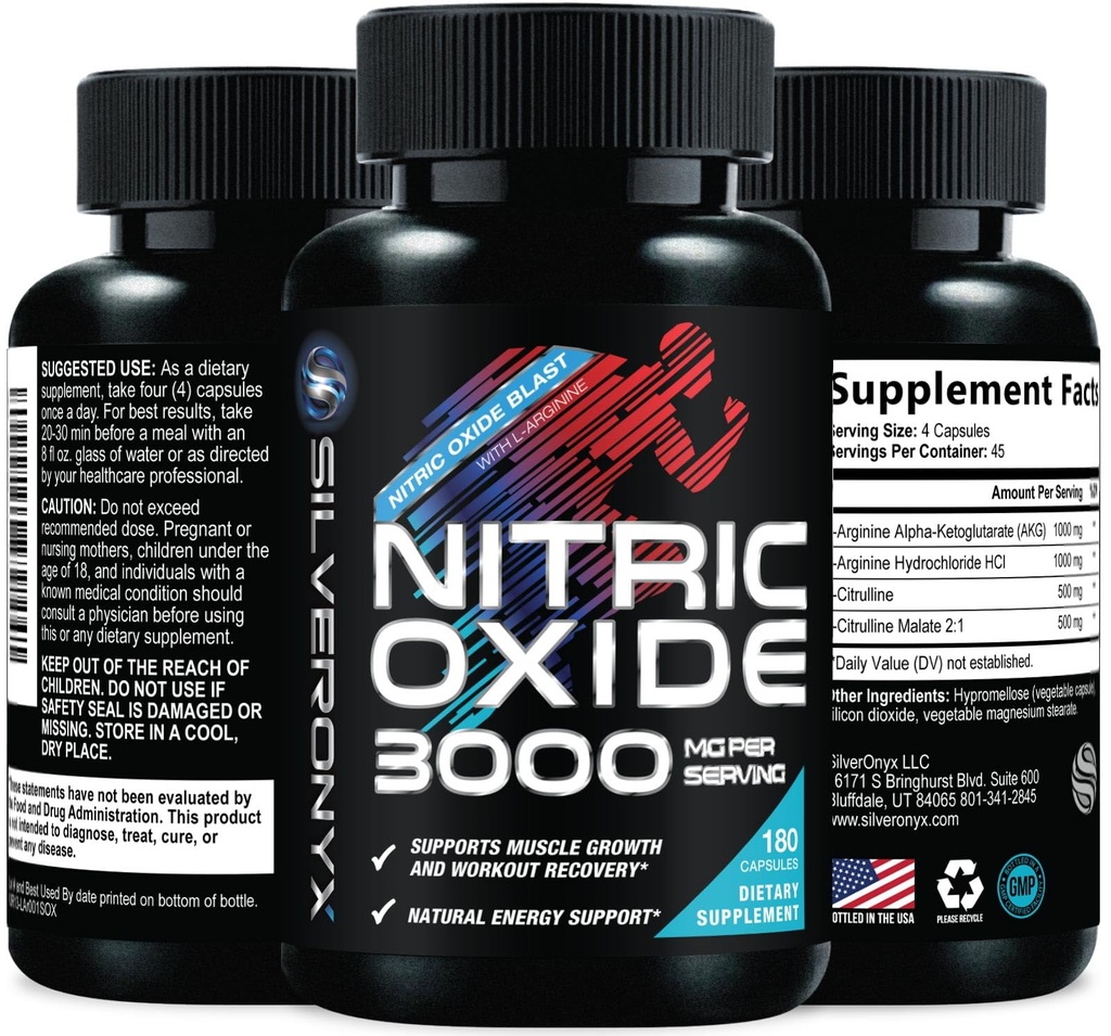 Dodatkowa wytrzymałość Suplement tlenku azotu 3X Siła L Arginina, Cytrulina Malate, AAKG, Beta Alanine - Premium Muscle Support Nitric Booster - Natural Energy & Heart Health Support - 180 Kapsułki
