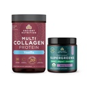 Ancient Nutrition Multi Collagen Protein Powder, Wanilia, 24 Słupki + Organic Supergreens Proszek, Berry, 12 Słupki