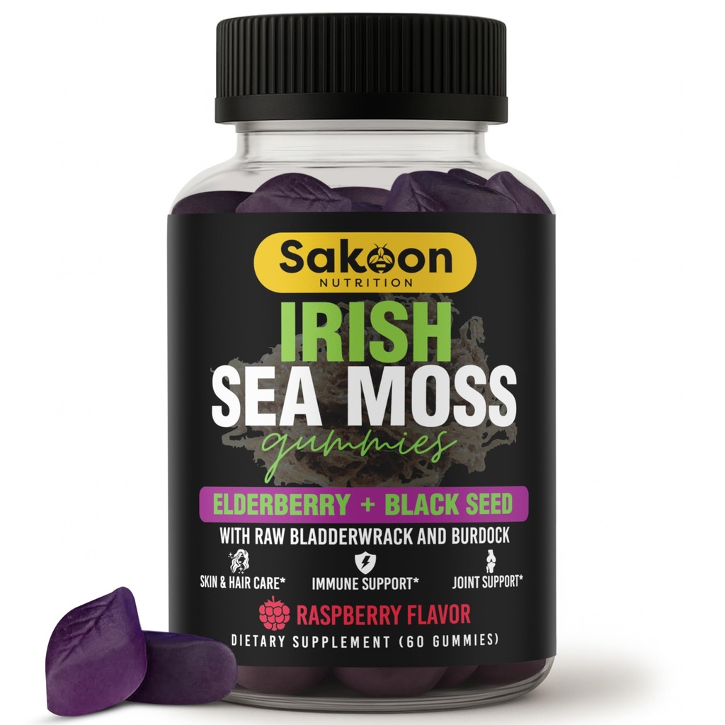 Irish Sea Moss Gummies z Elderberry & Black Seed Oil - Ogólne wsparcie Wellness 124; Bogate w witaminy, Malina Flavor 124; 60 Gummies