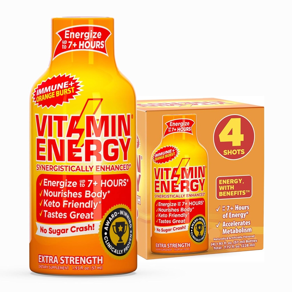 Witamina Energy Immune + Extra Siła Energy Shot - Orange Burst - 100% DV B- Vitamins & 260mg Kofeina - Zero Calories, Sugar- Free, Wegan, - Immunitet & Wsparcie energetyczne - 1.93 fl oz, 4- Pack