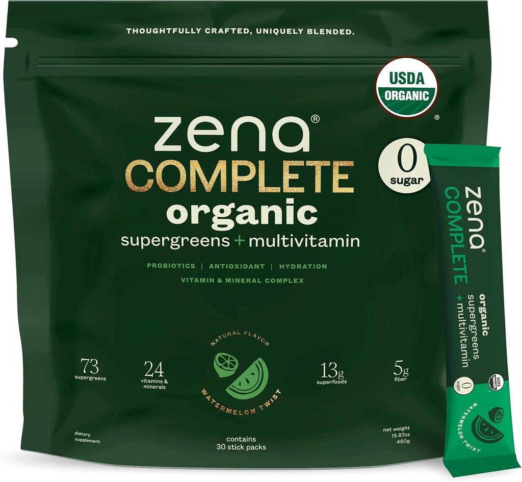 Zena Complete Organic Super Zielone Proszek & Multivitamin, 90 + Supergreens, Owoce, Warzywa, 0 Cukier, Fiber 5G, Pre & Probiotyki, Arbuz Citrus Flavor, 30 Pakiety