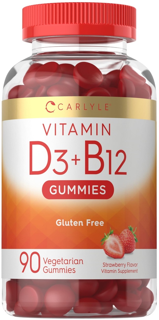 Carlyle Witamina D3 + B12 Kompleks Gummies XI124; 90 Hrabia XI124; Wegetarianin, Non-GMO i Gluten Free Formula XI124; Suplement truskawkowy Flavor
