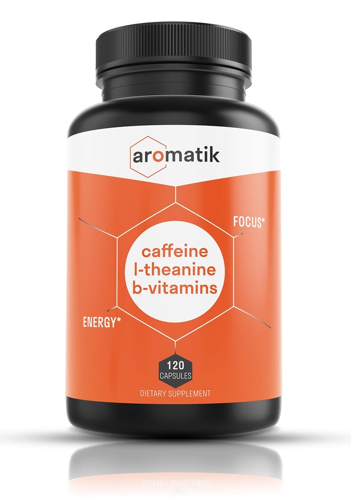 Aromatik Kofeina L- Theanine Focus Supplement Agregat 124; Kofeina (100 mg) + L- Theanina (200 mg) + B Witaminy 124; Energy Focus Cognition Cognition Agregat 124; USA Made at FDA Registered Facility