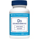 Witamina Shoppe Witamina D3 5000IU Softgel, Wspiera zdrowie kości i odporności, Pomaga we wzroście komórek & Wchłanianie wapnia, Gluten Free & Once Daily Formula (200 Softgels)