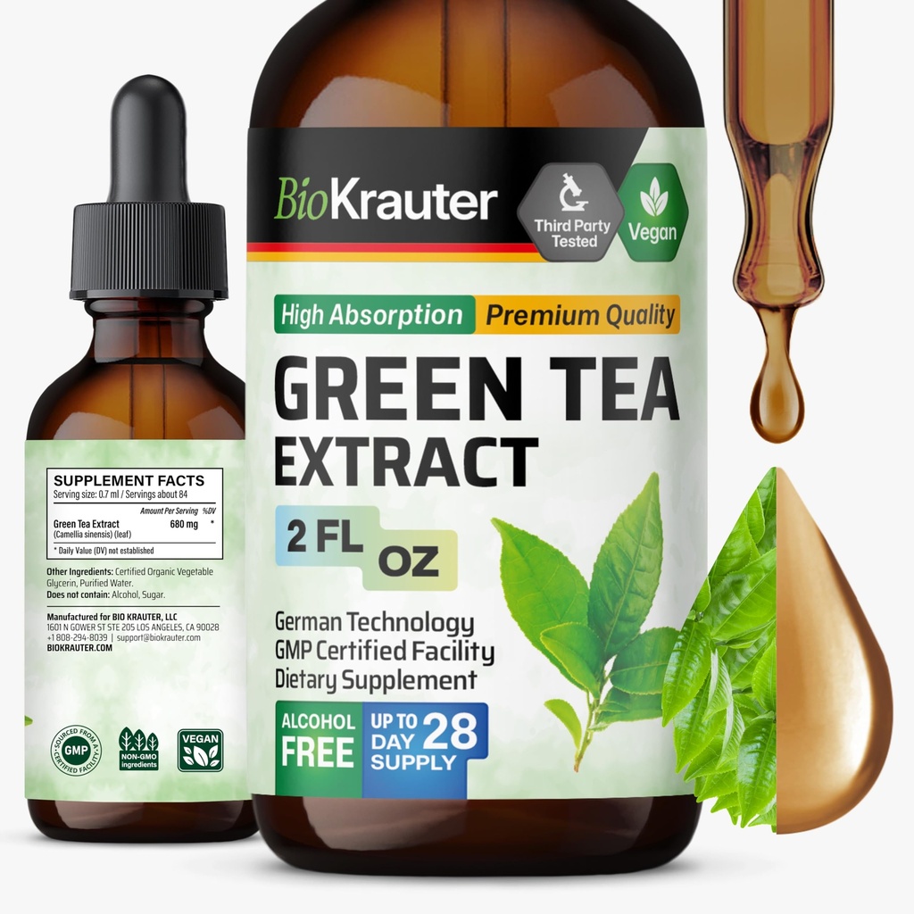 BIO KRAUTER Green Tea Extract Liquid Drops - Green Tea Supplements - Antioksydant Source - Alcohol and Sugar Free - 2 Fl.Oz.