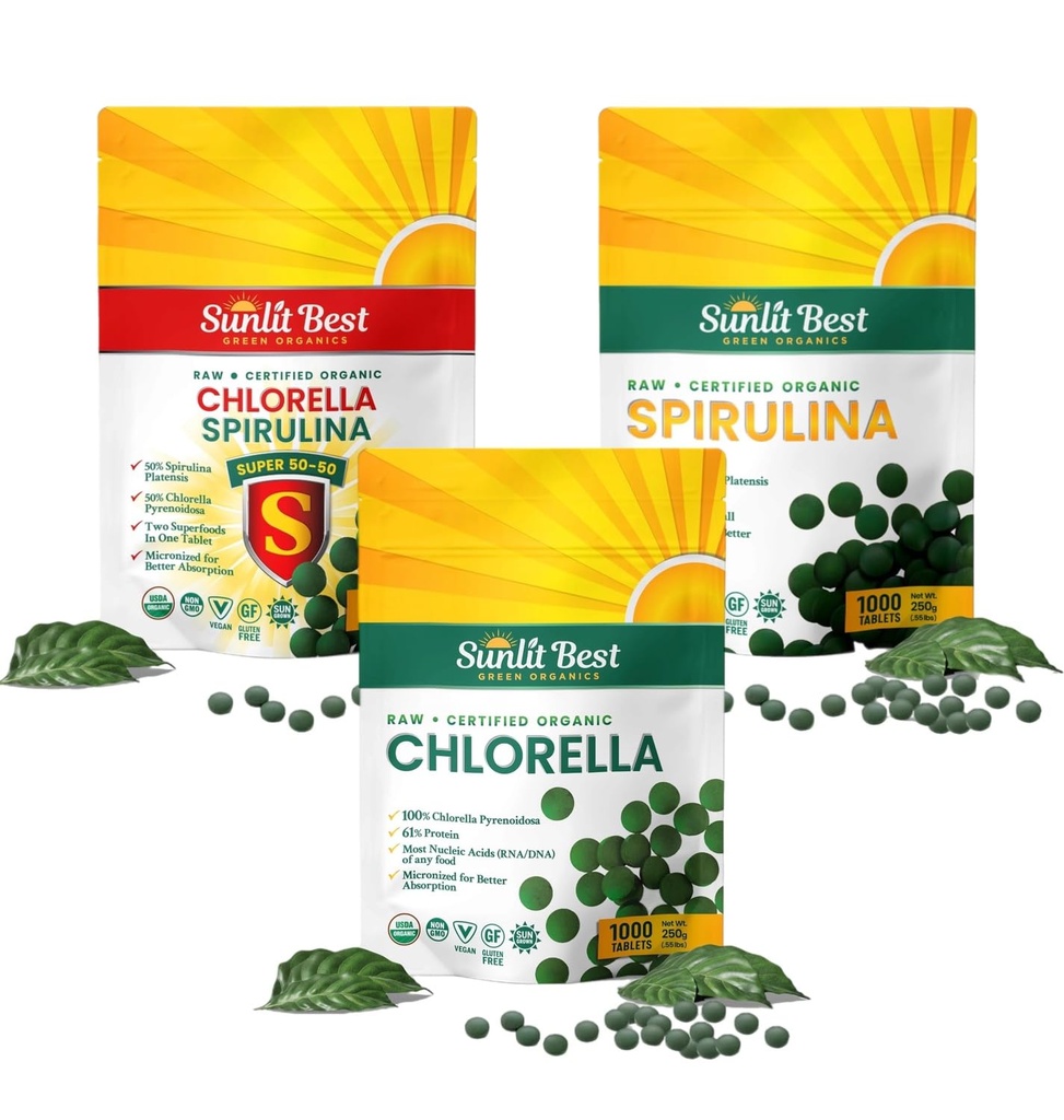 Sunlit Najlepszy Ultimate Chlorella & Spirulina Bundle 124; Super Zielone Suplementy do wsparcia immunologicznego, Gut Health, Mood & Energy